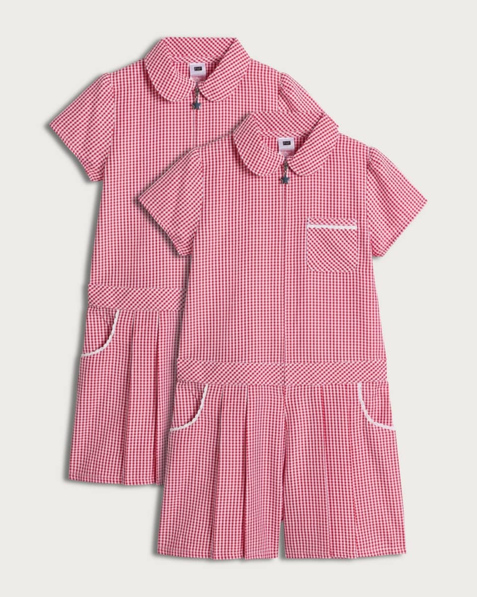 F&F School Girls 2-Pack Gingham Short Sleeved Playsuits in Red
