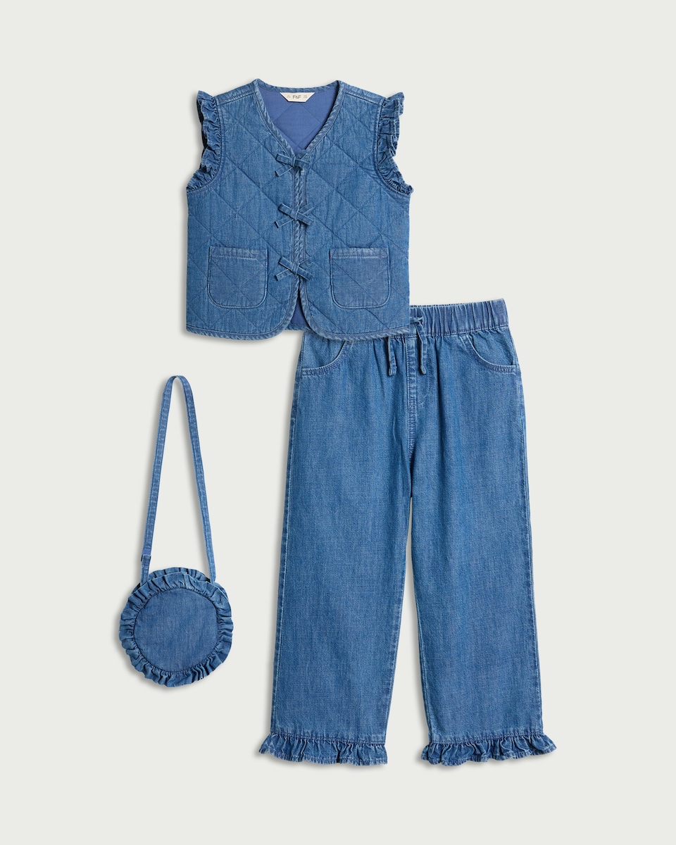 image 1 of F&F Girls 3-Piece Pure Cotton Denim Waistcoat, Trousers and Bag Set in Blue