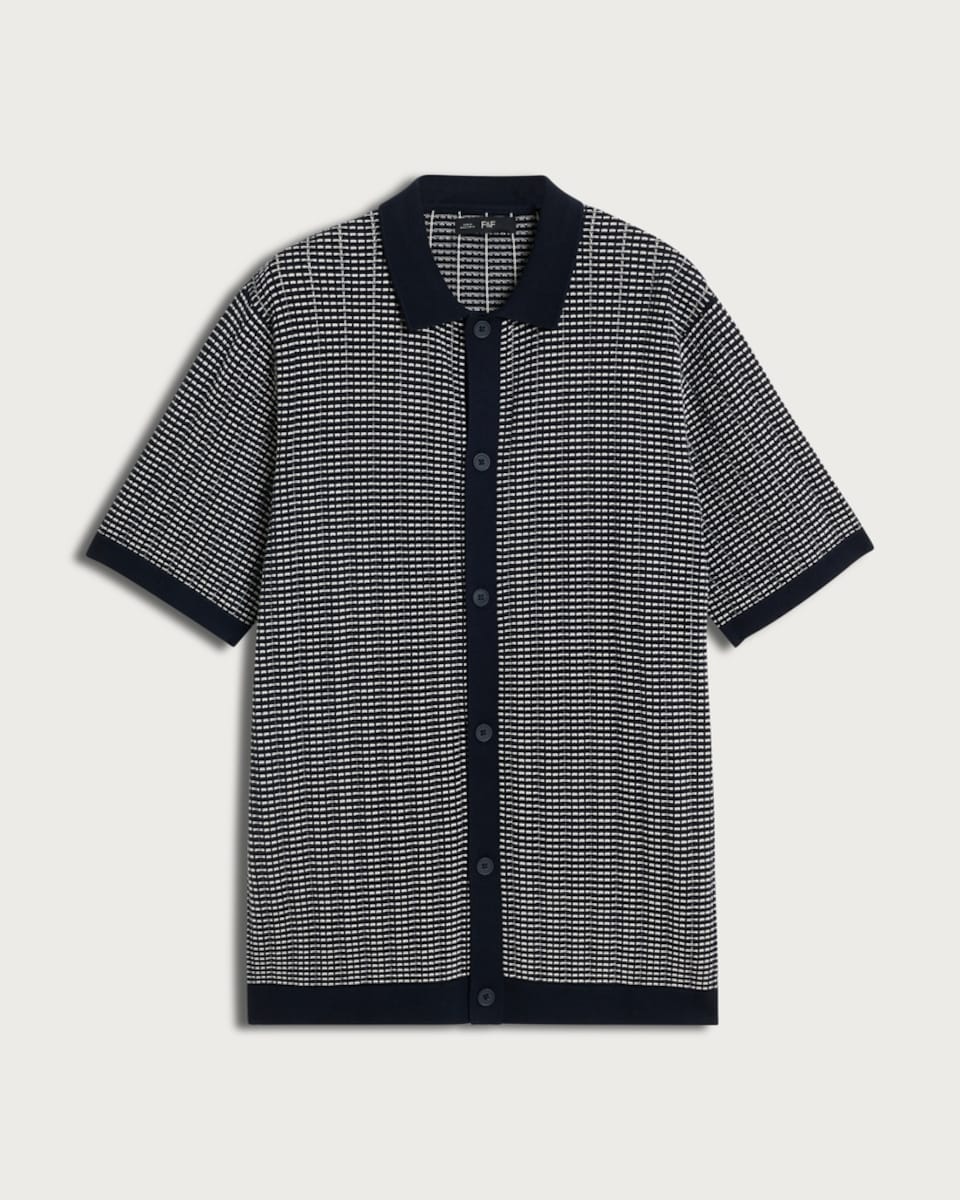 F&F Pure Cotton Jacquard Button Up Polo Shirt in Multi Blue