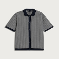 F&F Pure Cotton Jacquard Button Up Polo Shirt in Multi Blue