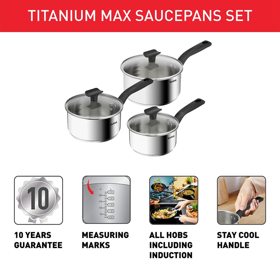 image 1 of Tefal Titanium Max 3 Piece Saucepan & Lid Set