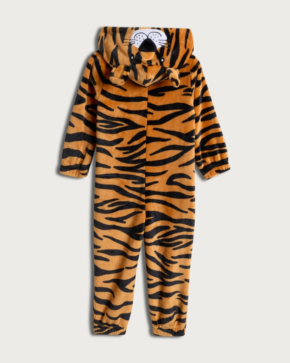 image 1 of F&F Boys Fleece Tiger Print Zip Up Hooded Onesie in Orange