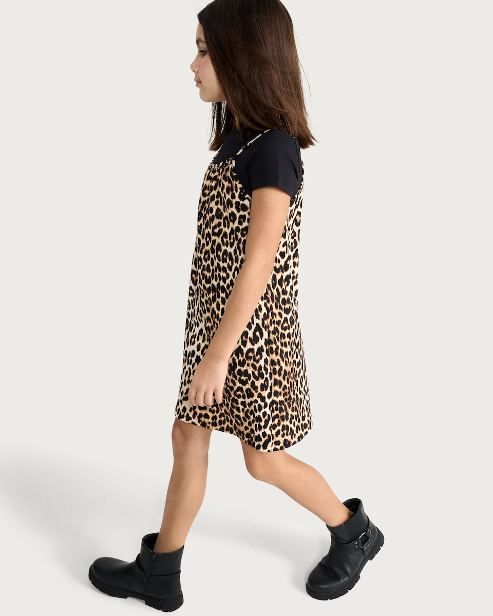image 1 of F&F Girls Crinkle Textured Leopard Print T-Shirt Dress in Multi Black