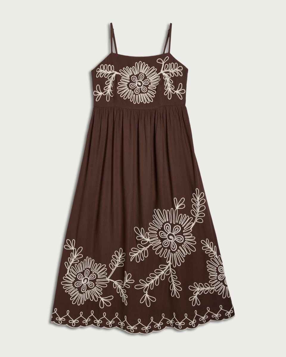 image 1 of The F&F Edit Embroidered Strappy Midi Dress in Brown