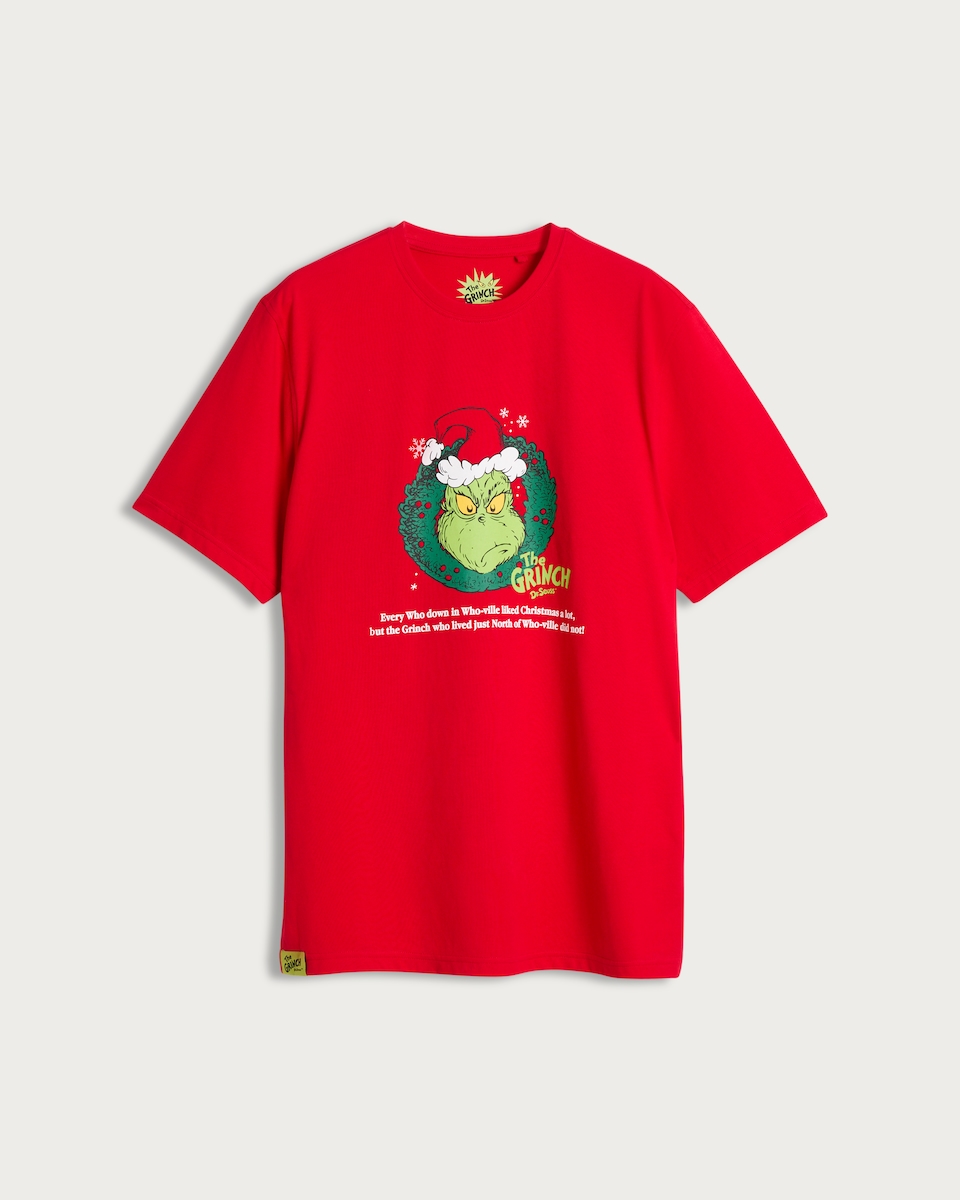 image 1 of The Grinch Pure Cotton Christmas Quote T-Shirt in Red
