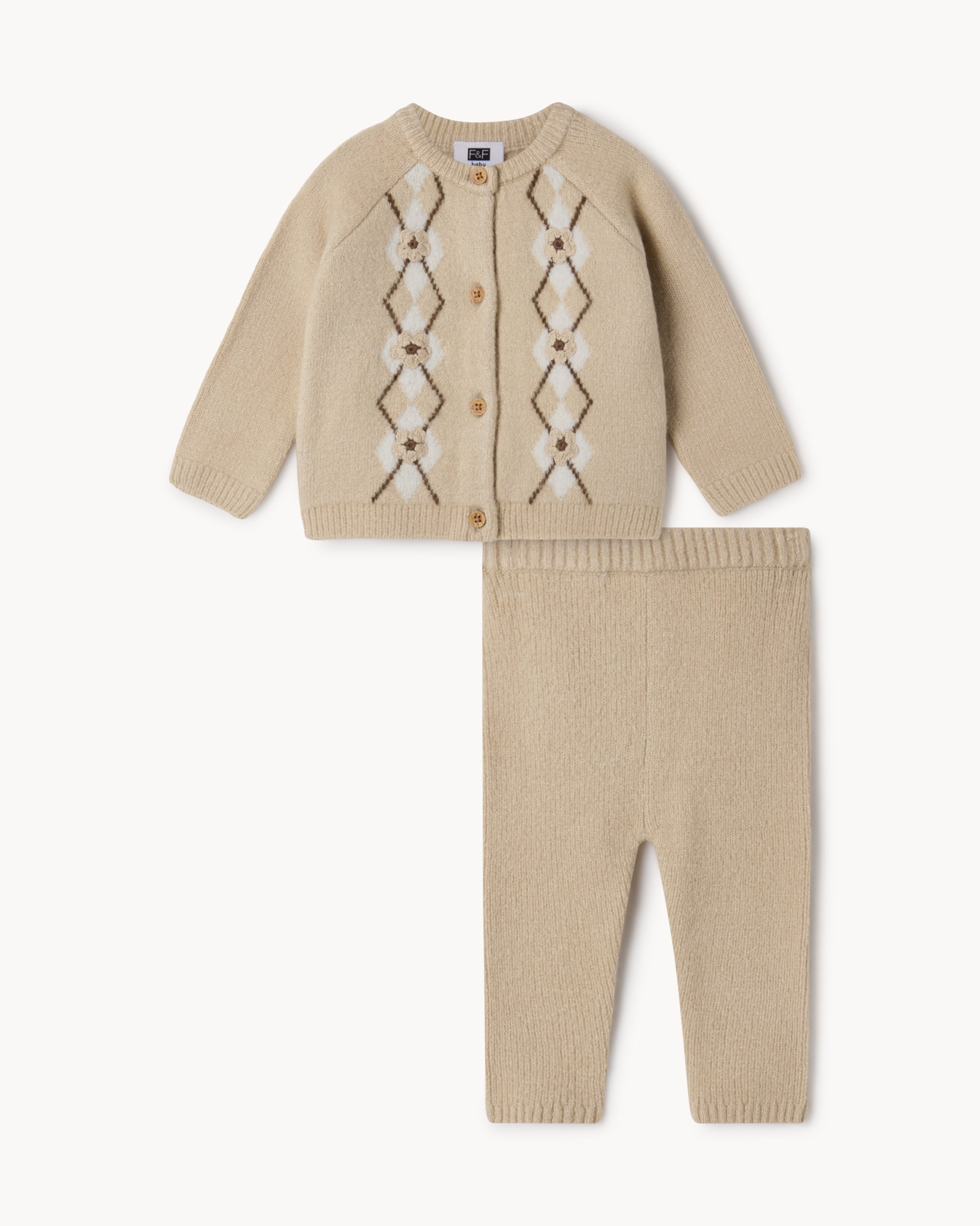 F&F Baby Check Cardigan and Trousers Set in Brown, 0-3 Mo
