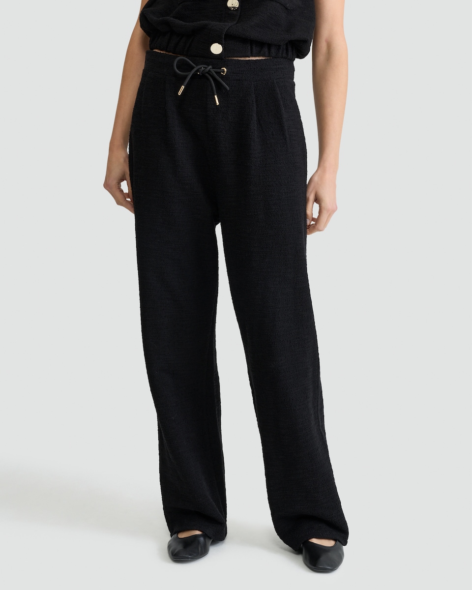 image 1 of F&F Boucle Wide Leg Drawstring Trousers in Black