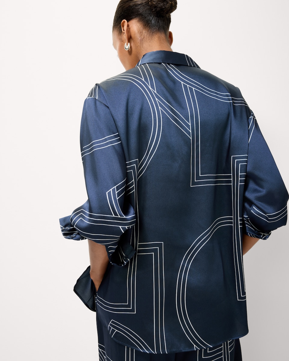 image 1 of F&F Satin Geometric Print Co-ord Shirt in Navy