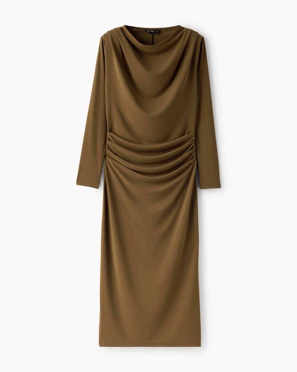 image 1 of F&F Cowl Neck Long Sleeved Midi Dress in Camel