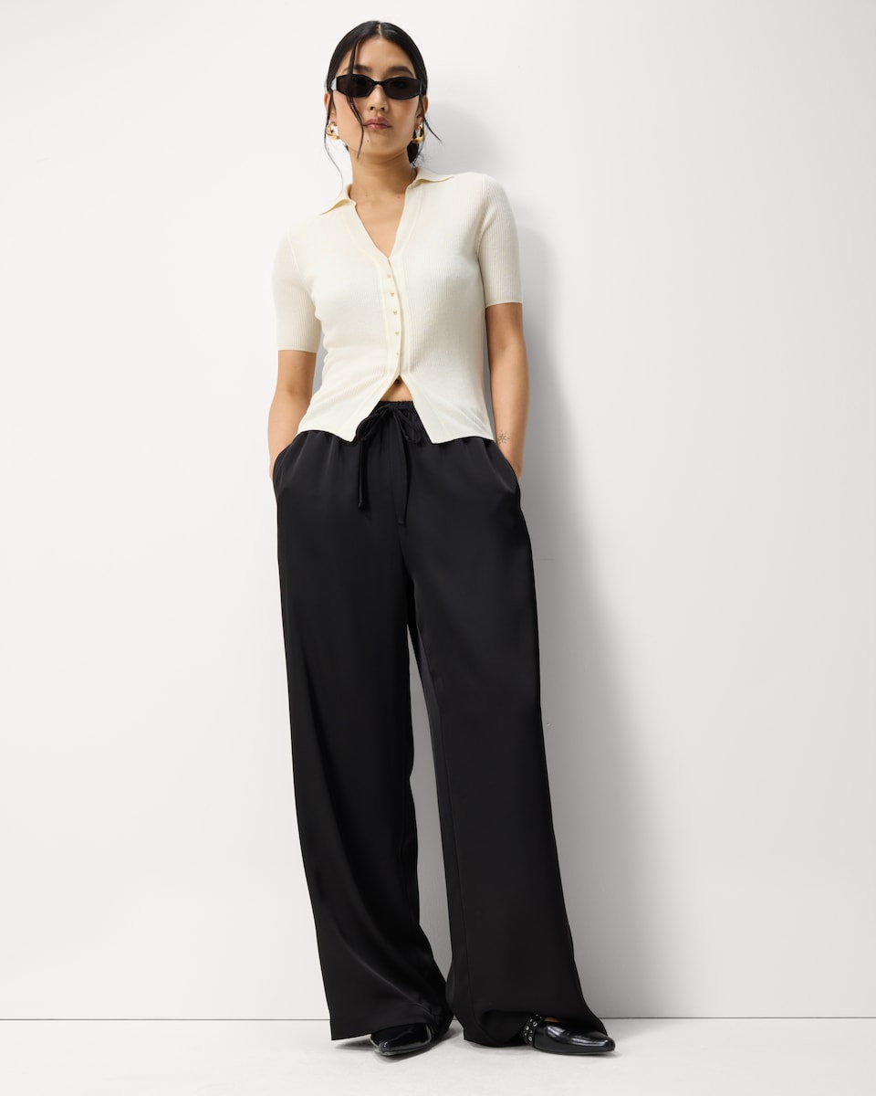 image 1 of F&F Satin Wide Leg Trousers in Black
