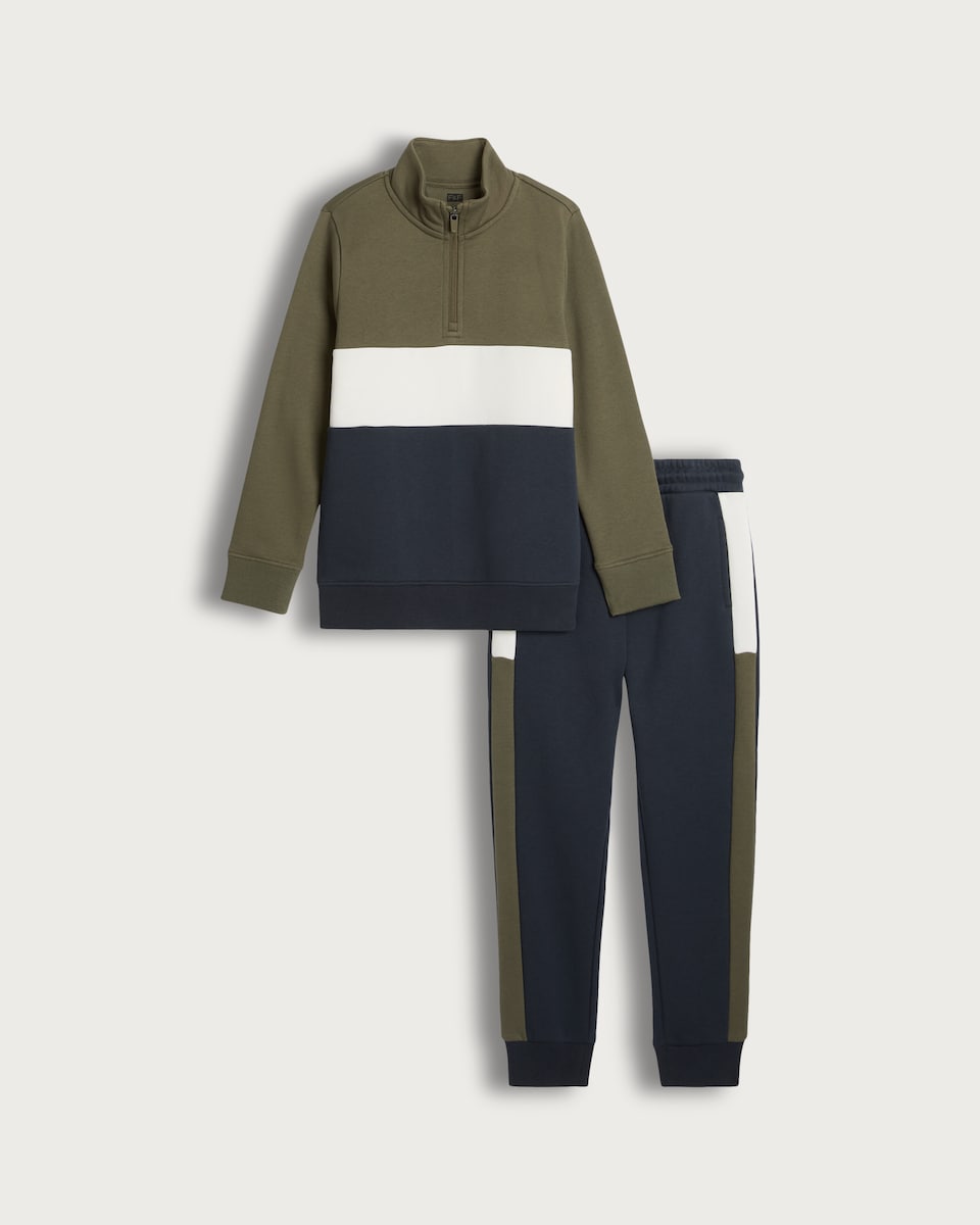 image 1 of F&F Boys 2-Piece Cotton Rich Half Zip Colour Block  Sweatshirt and Joggers Set in Green