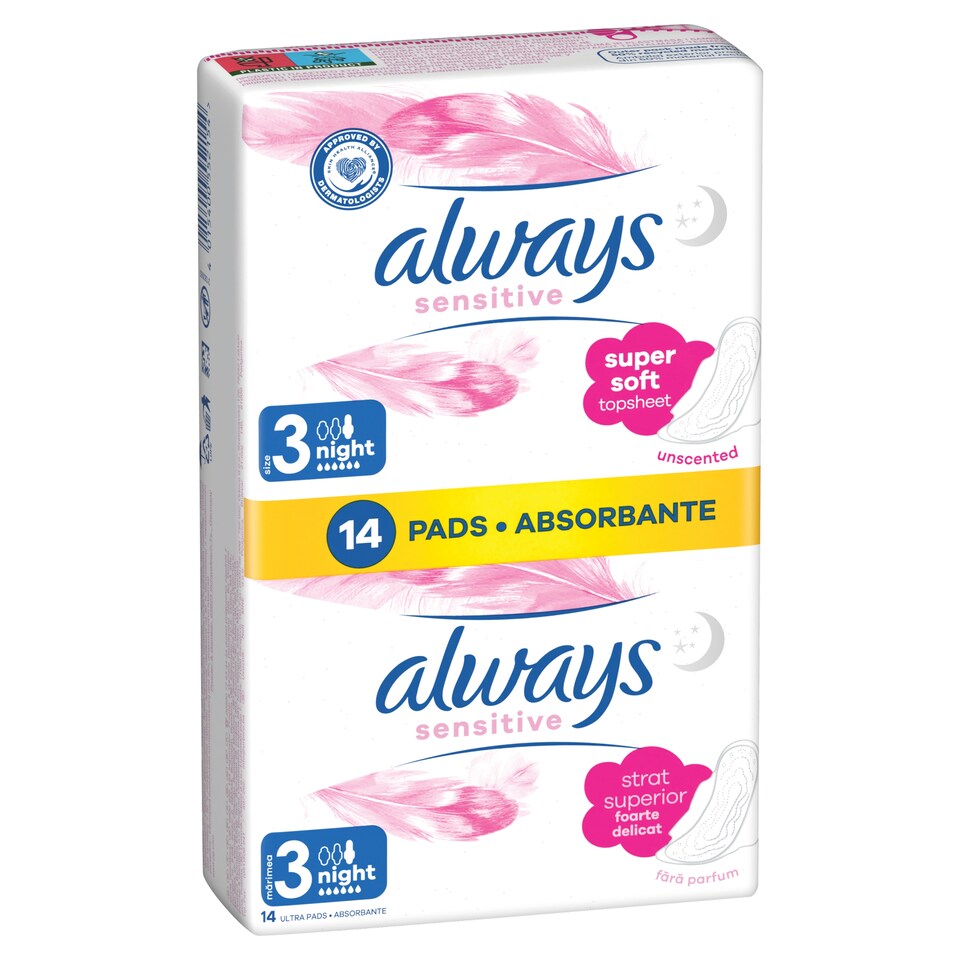 image 1 of Always Sensitive Night Ultra (Size 3) Sanitary Towels Wings 14 Pads