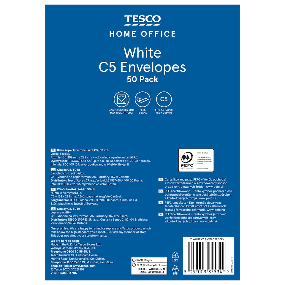 Tesco White C5 Envelopes 50Pk