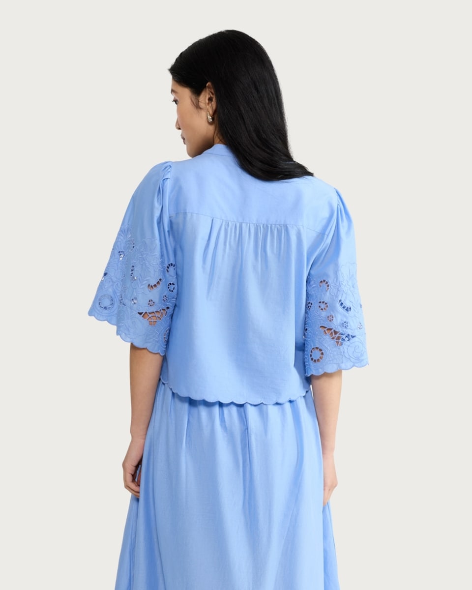 image 1 of F&F Pure Cotton Broderie Cut Out Co-ord Blouse in Blue