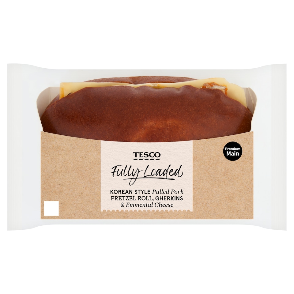 Tesco Fully Loaded Korean Style Pulled Pork Pretzel Roll, Gherkins and Emmental Cheese 