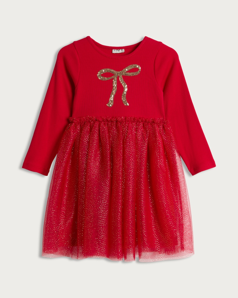 F&F Girls Cotton Rich Sequin Bow Tulle Skirt Dress in Red
