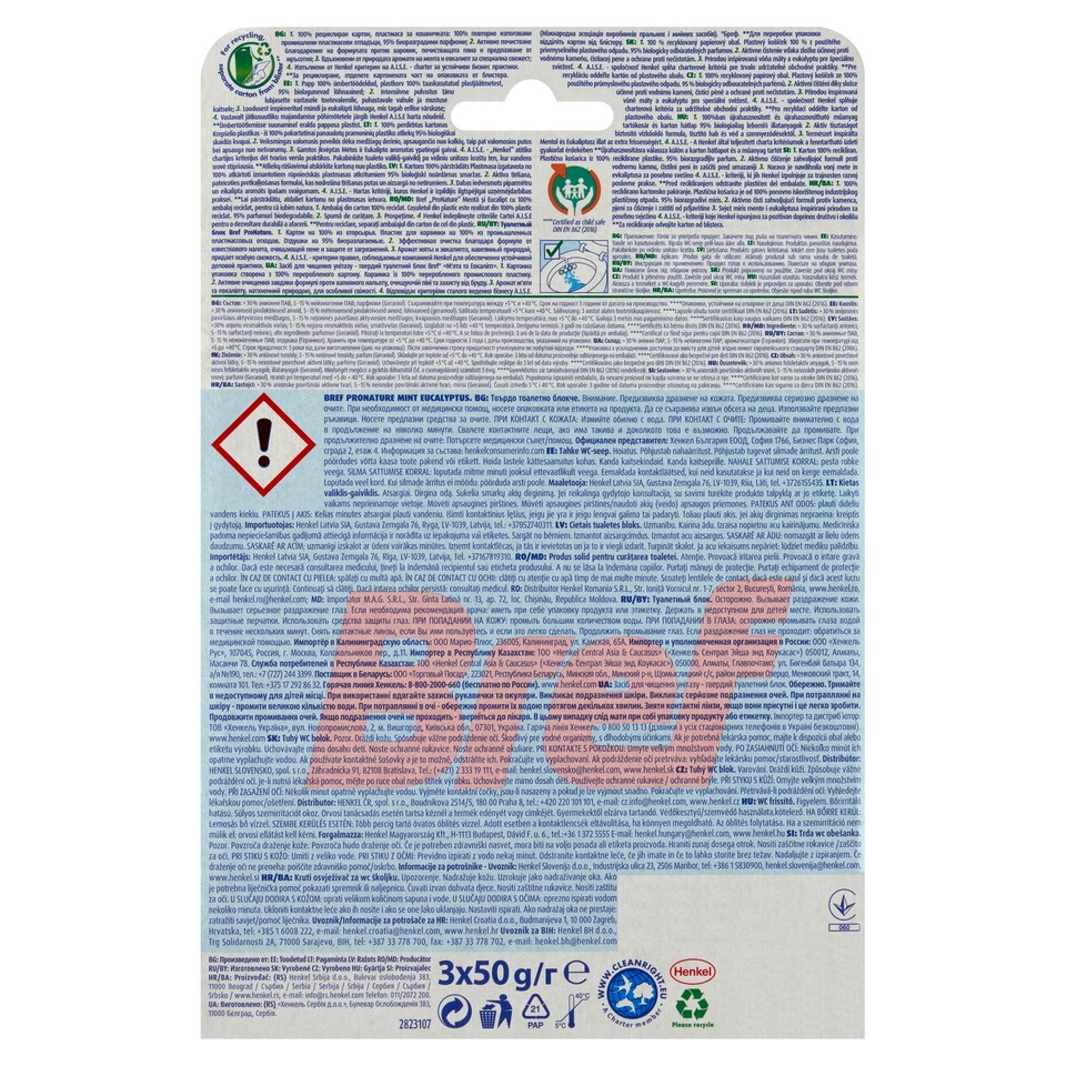 Obrázek 1 pro produkt Bref Pro Nature Mint & Eucalyptus tuhý WC blok 3 x 50g