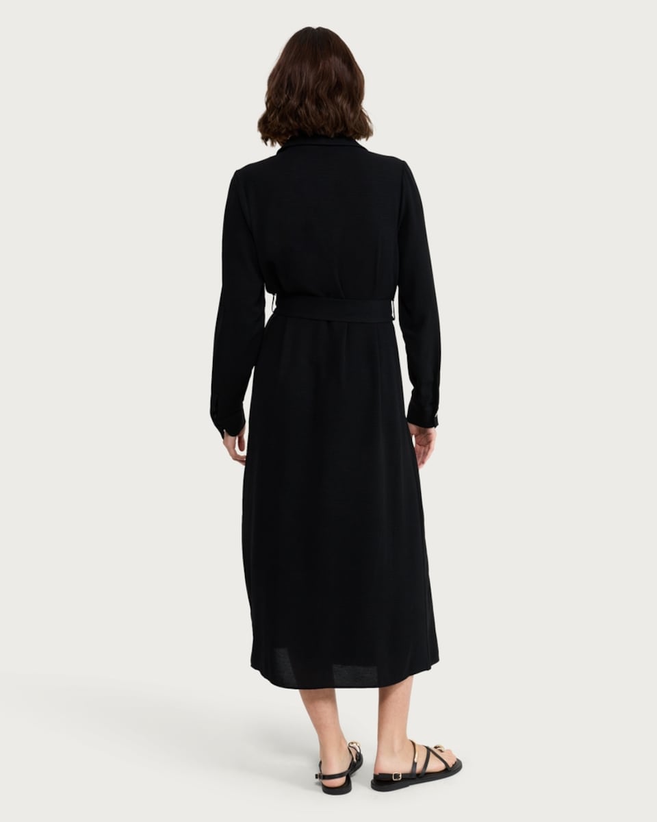 image 1 of F&F Belted Button Up Long Sleeved Midi Shirt Dress in Black