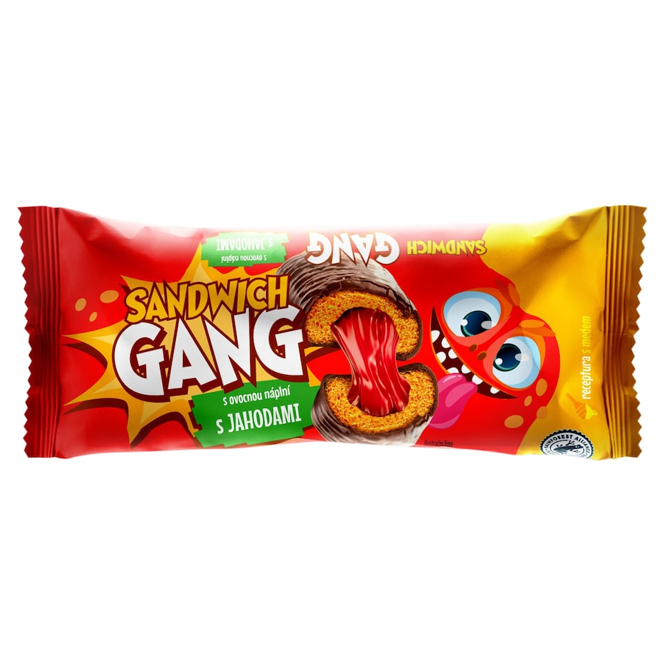 Sandwich Gang medové jemné pečivo s ovocnou náplňou s jahodami v tmavej poleve 40 g
