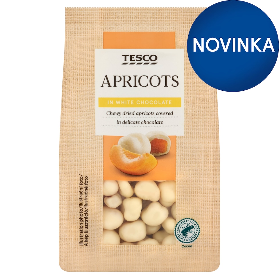 Tesco Sušené marhuľové kocky v bielej čokoláde 120 g