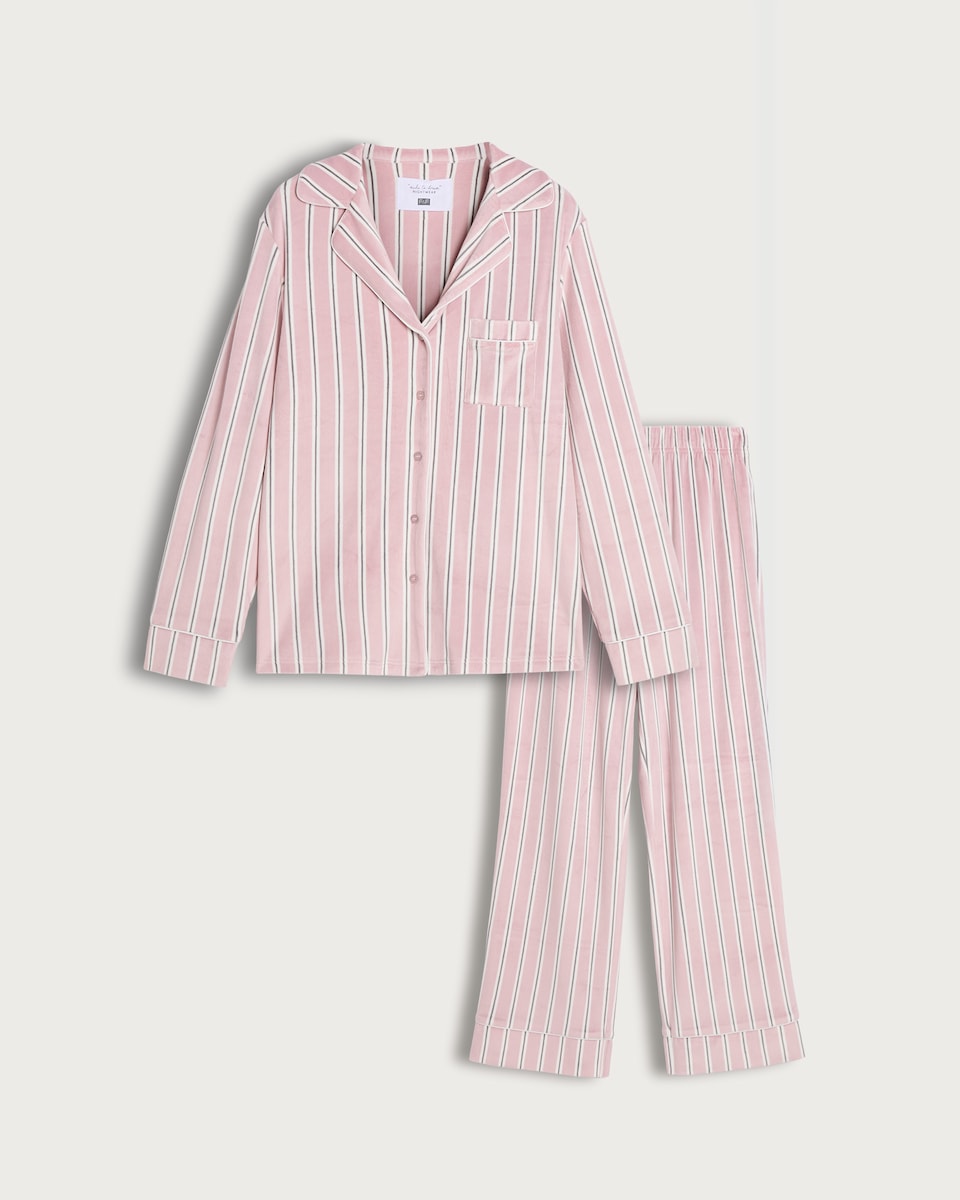 image 1 of F&F Fleece Stripe Print Revere Pyjamas Set in Pink