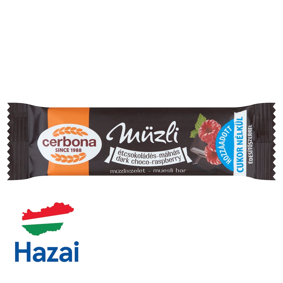 Cerbona étcsokoládés-málnás müzliszelet hozzáadott cukor nélkül, édesítőszerrel 20 g  1. kép