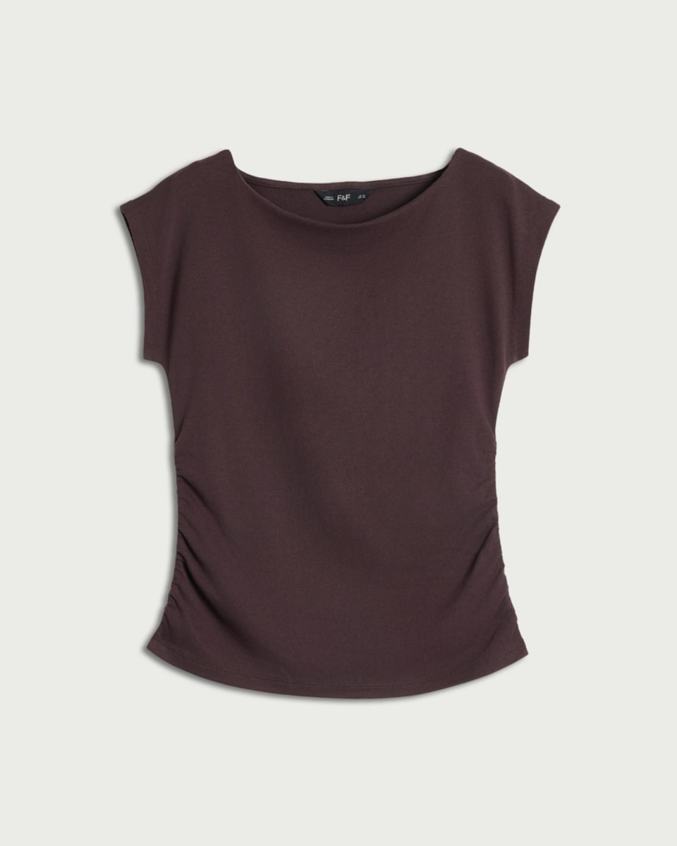 image 1 of F&F Cotton Rich Ruched Side Cap Sleeved Top in Chocolate