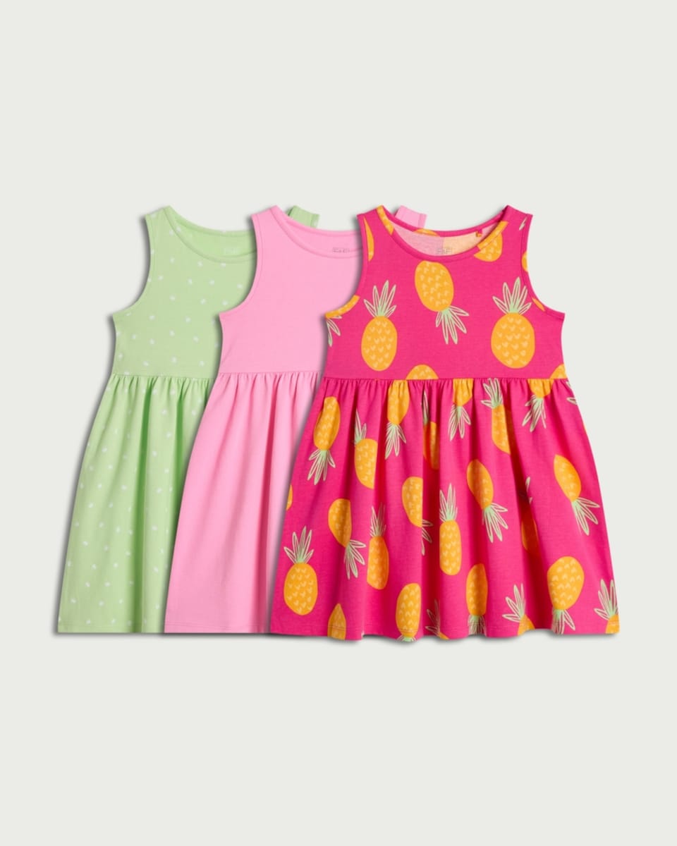 image 1 of F&F Girls 3-Pack Pure Cotton Pineapple Print Sleeveless Dresses in Multi Pink