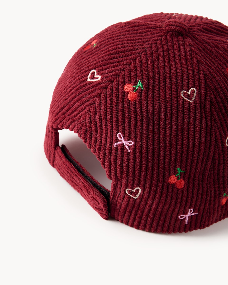 image 1 of F&F Girls Corduroy Embroidered Cap in Burgundy