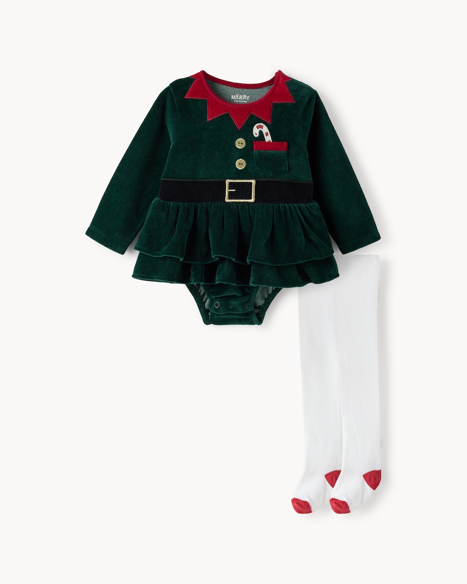 image 1 of Christmas Baby Cotton Rich Elf Bodysuit and Tights Set in Green