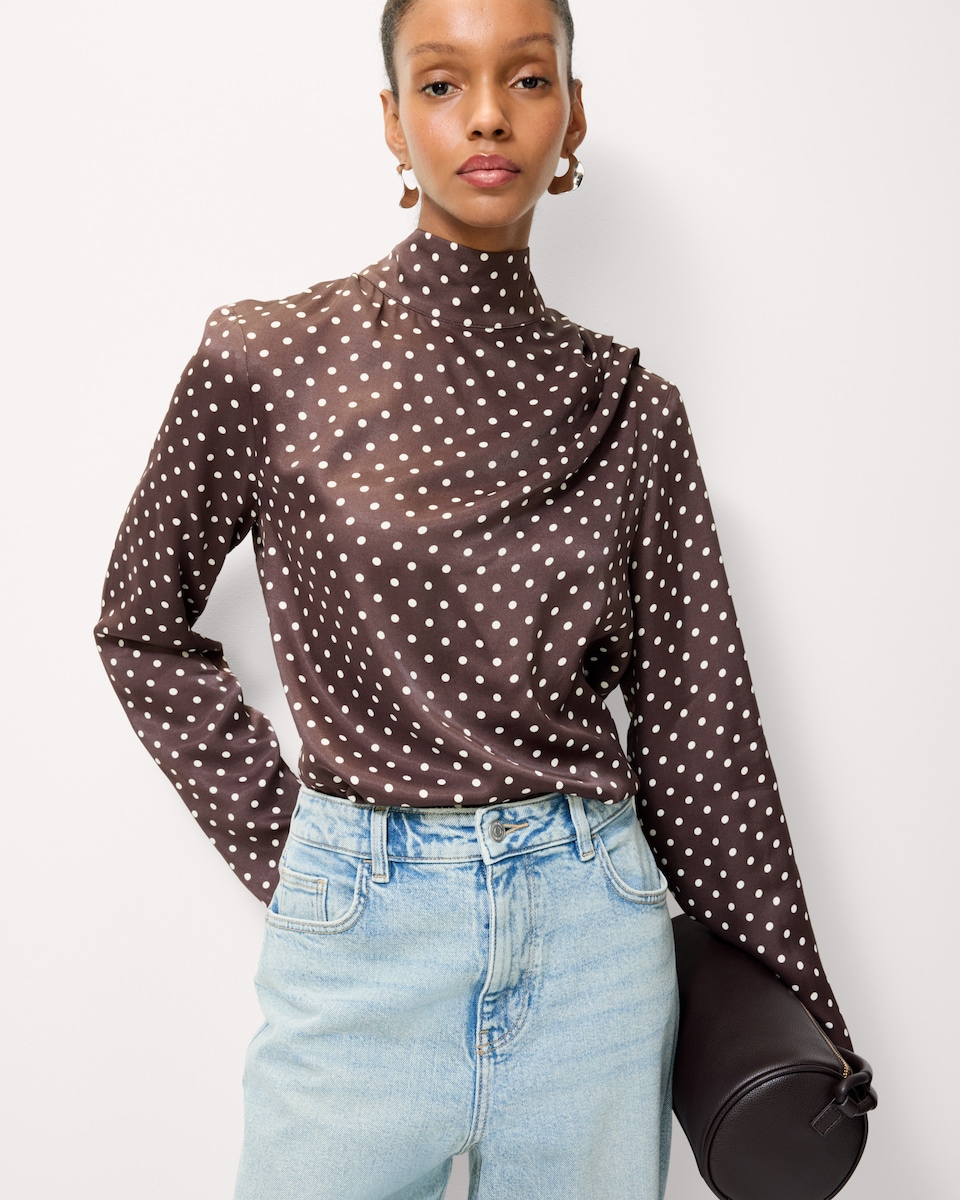 image 1 of F&F Satin Polka Dot Blouse in Multi Brown