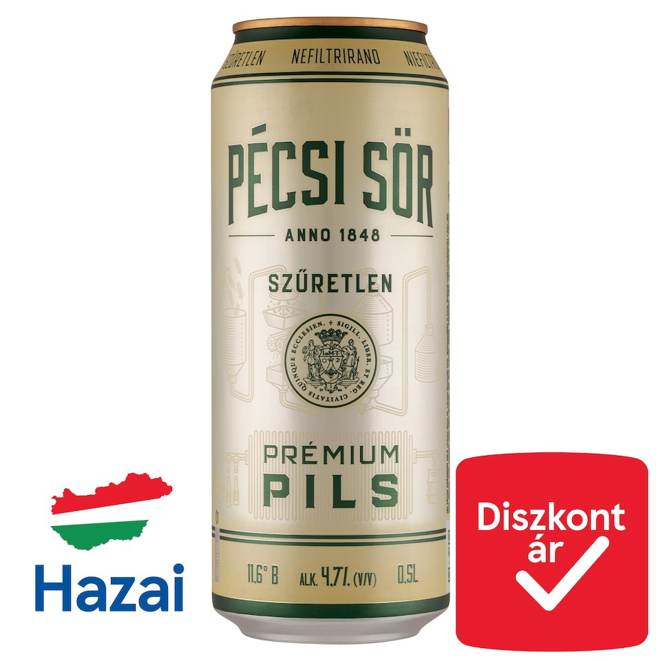 Pécsi Sör Prémium Pils szűretlen minőségi világos sör 4,7% 0,5 l  1. kép