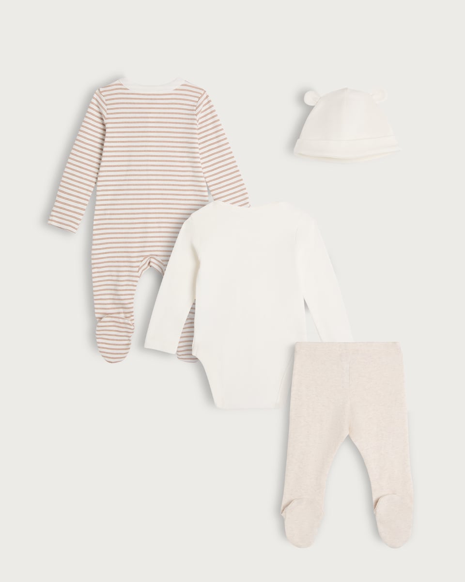 image 1 of F&F Baby 4-Piece Cotton Rich Teddy Bear Sleepsuit, Bodysuit, Legging and Hat Set in White