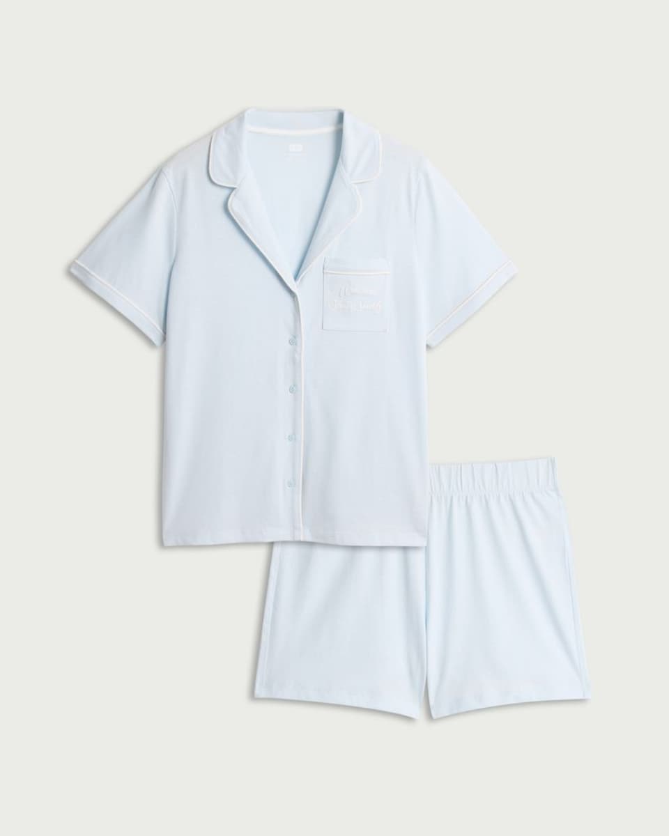 image 1 of F&F 2-Piece Pure Cotton Embroidered Revere Short Pyjama Set in Blue