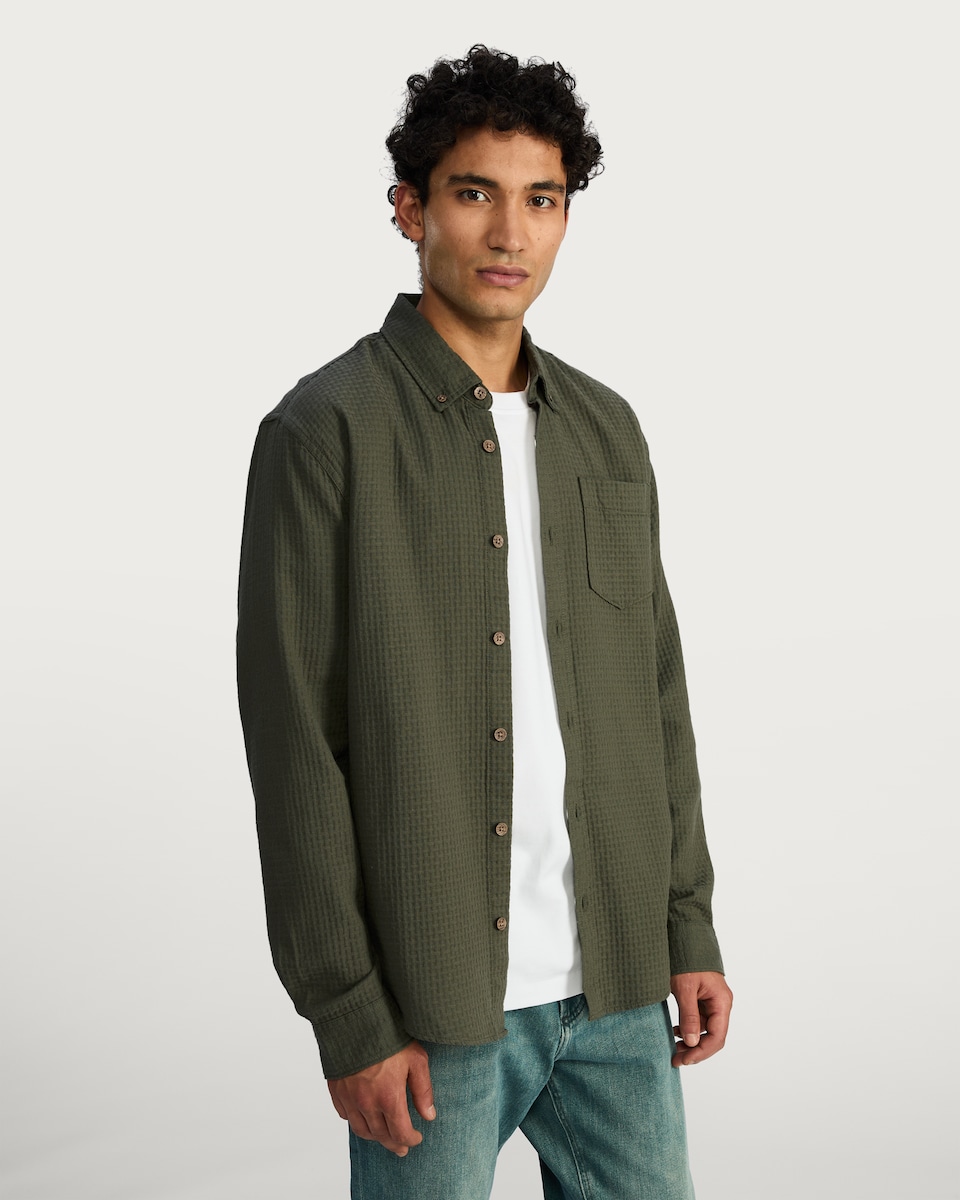 image 1 of F&F Pure Cotton Waffle Textured Button Down Shirt in Khaki