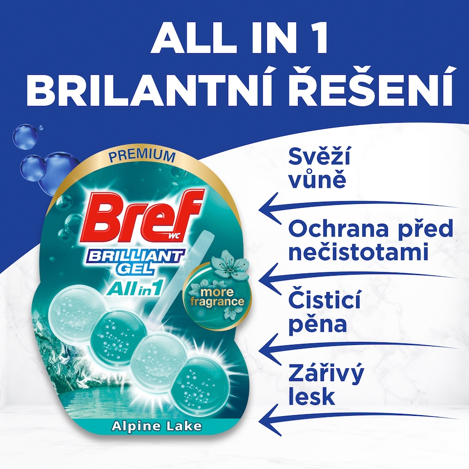 Obrázek 1 pro produkt Bref Brilliant Gel All in 1 Alpine Lake tuhý WC blok 3 x 42g