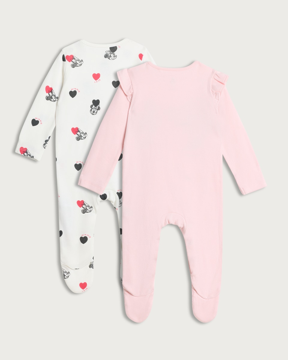image 1 of Disney 2-Pack Mickey & Minnie Mouse Ribbed Sleepsuits in Pink
