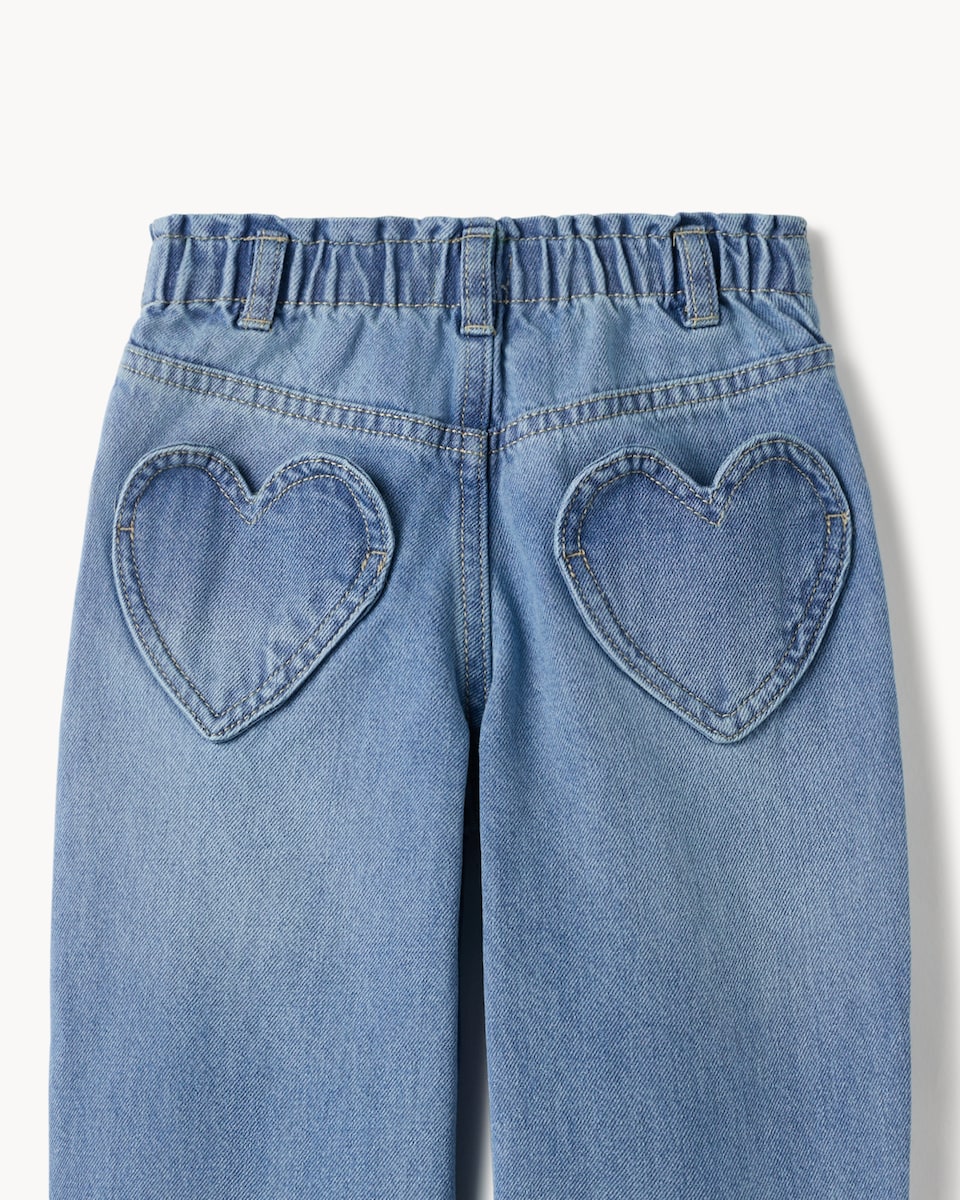 image 1 of F&F Girls Pure Cotton Heart Pocket Barrel Leg Jeans in Blue