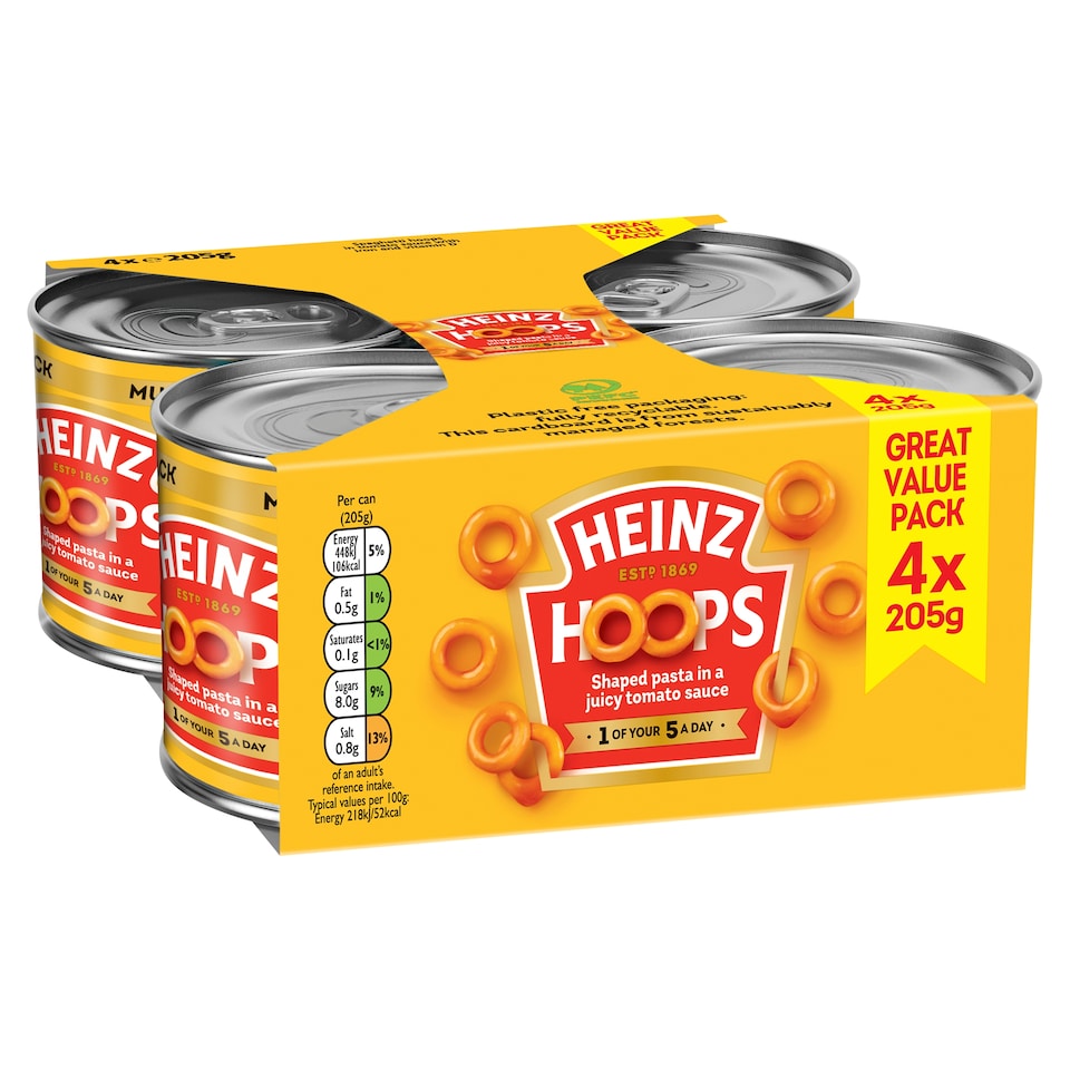 image 1 of Heinz Spaghetti Hoops in Tomato Sauce 4 x 205g