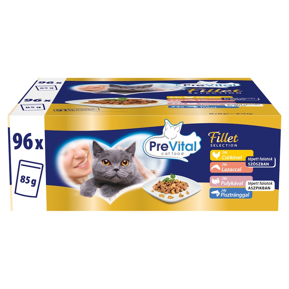 PreVital Fillet Selection nedves macskaeledel, macskatáp felnőtt macskáknak alutasakos 96 x 85 g  1. kép