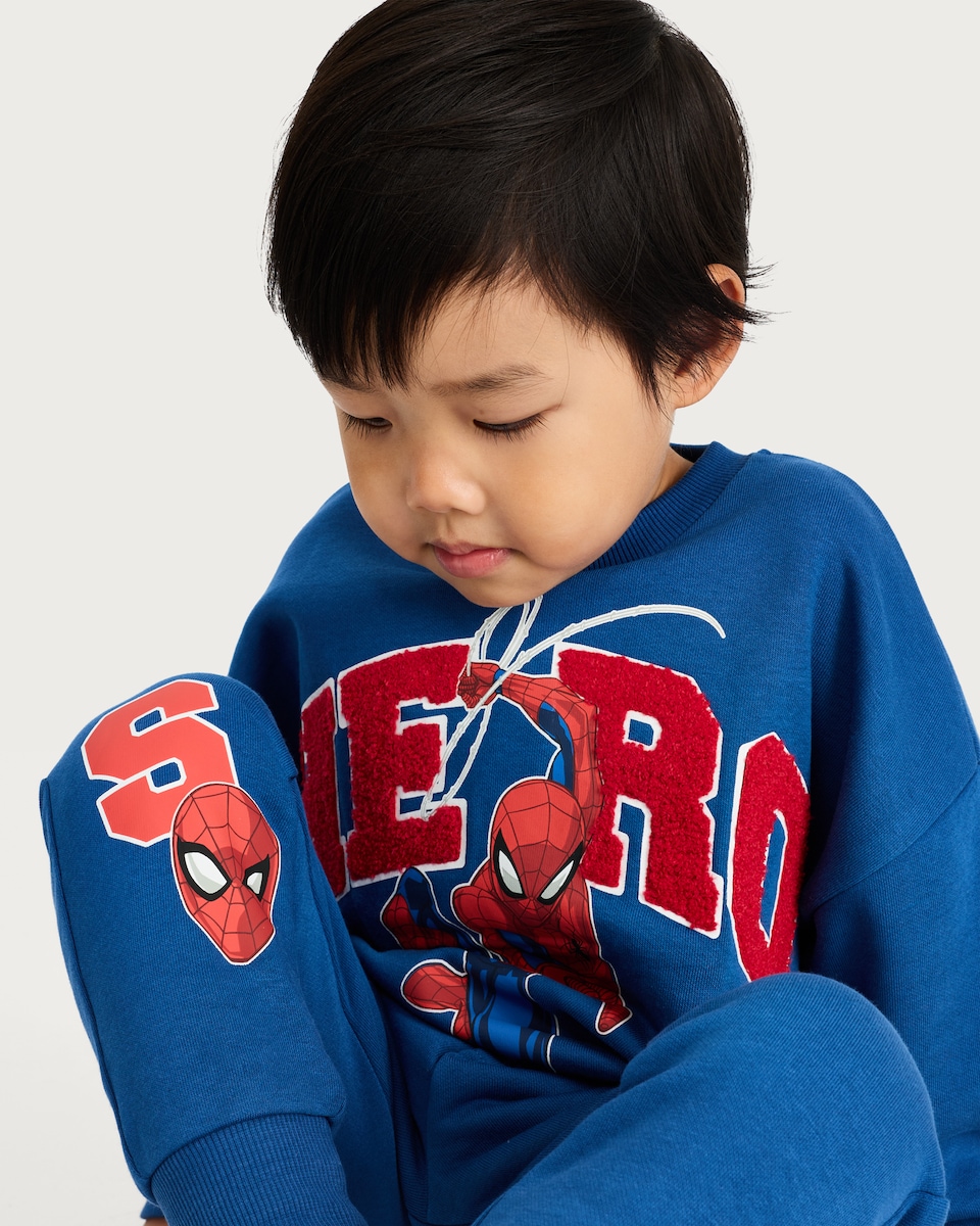 image 1 of Marvel Spider-Man Cotton Rich Hero Sweatshirt and Joggers Set in Blue