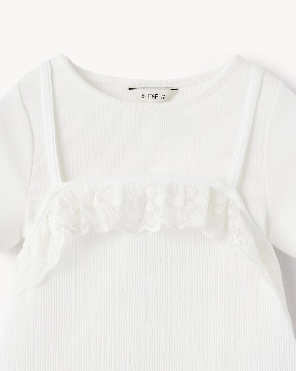 image 1 of F&F Girls Short Sleeved Lace Trim Top in White