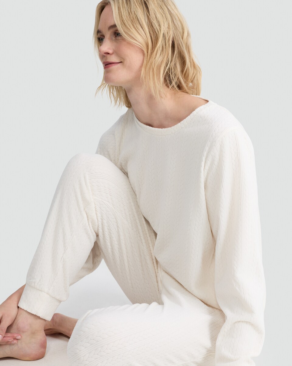 image 1 of F&F Fleece Cable Texutred Top and Cuffed Bottoms Pyjamas in Cream