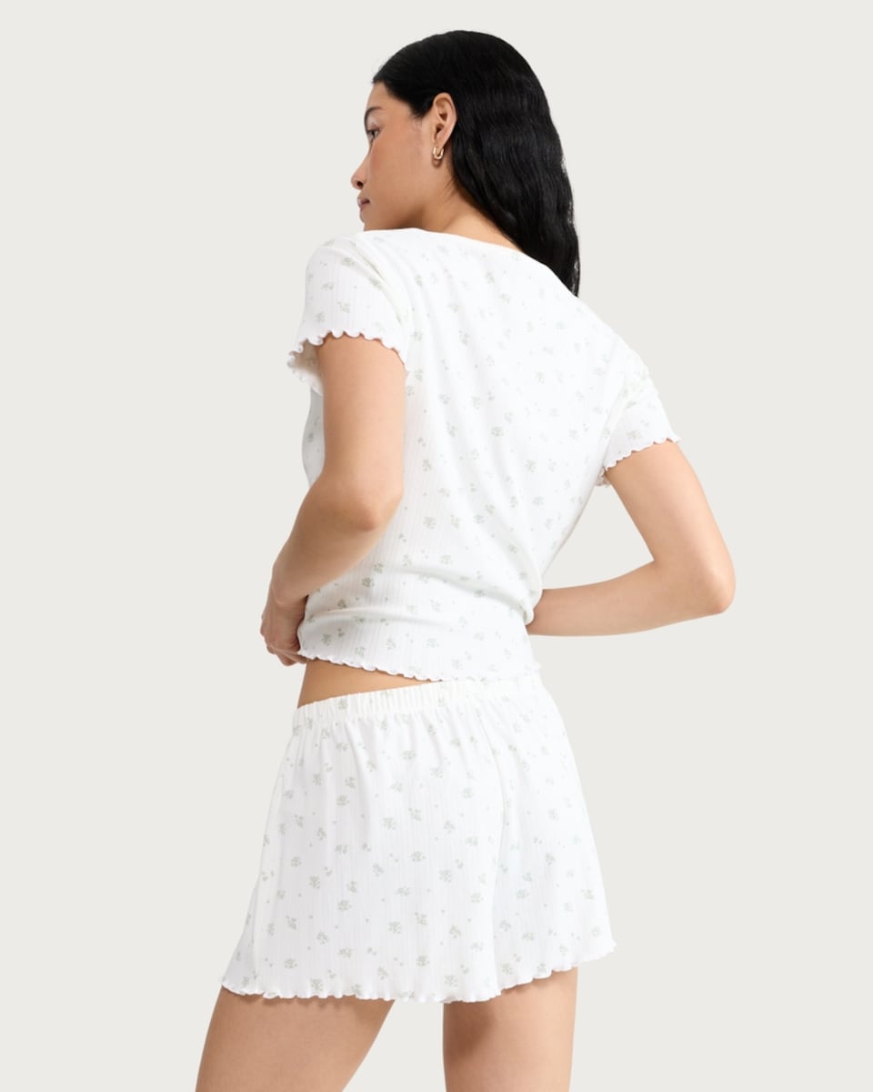image 1 of F&F Pointelle Floral Print Pyjama Shorts in White