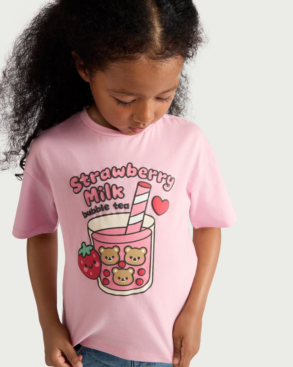 image 1 of F&F Girls Pure Cotton Bubble Tea T-Shirt in Pink
