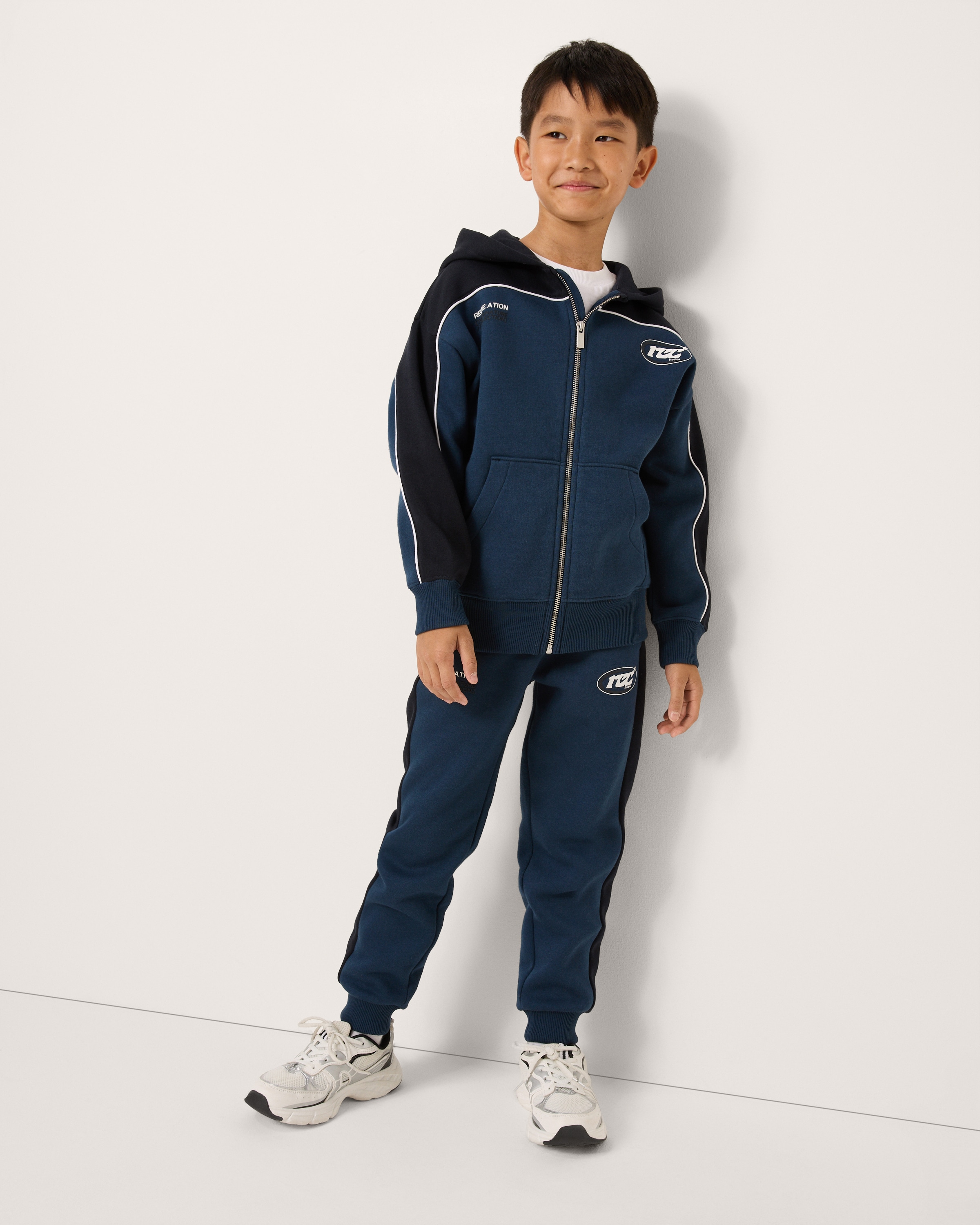 F&F Boys Cotton Rich Colour Block Hoodie and Joggers Set in Navy