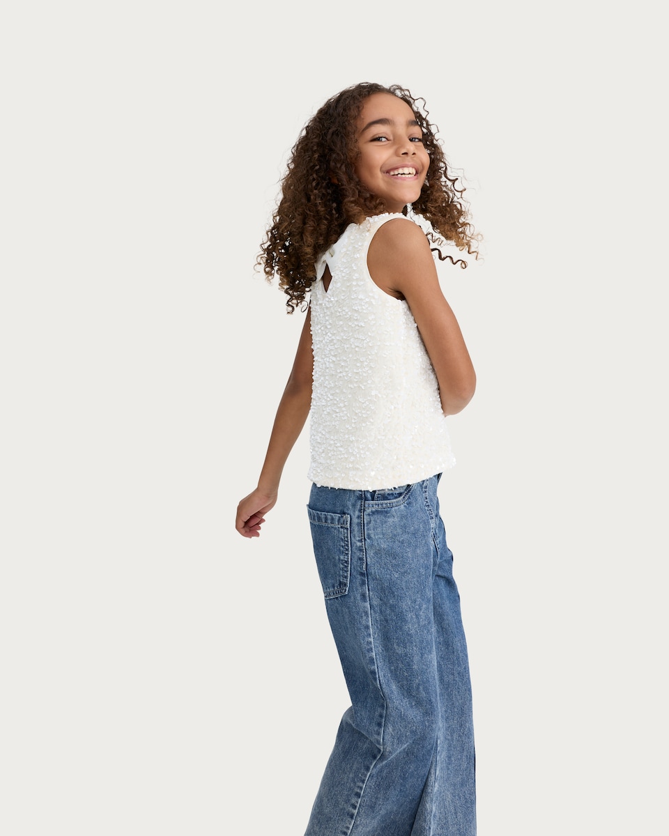 image 1 of F&F Girls Velvet Sequin Bow Accent Vest in Cream