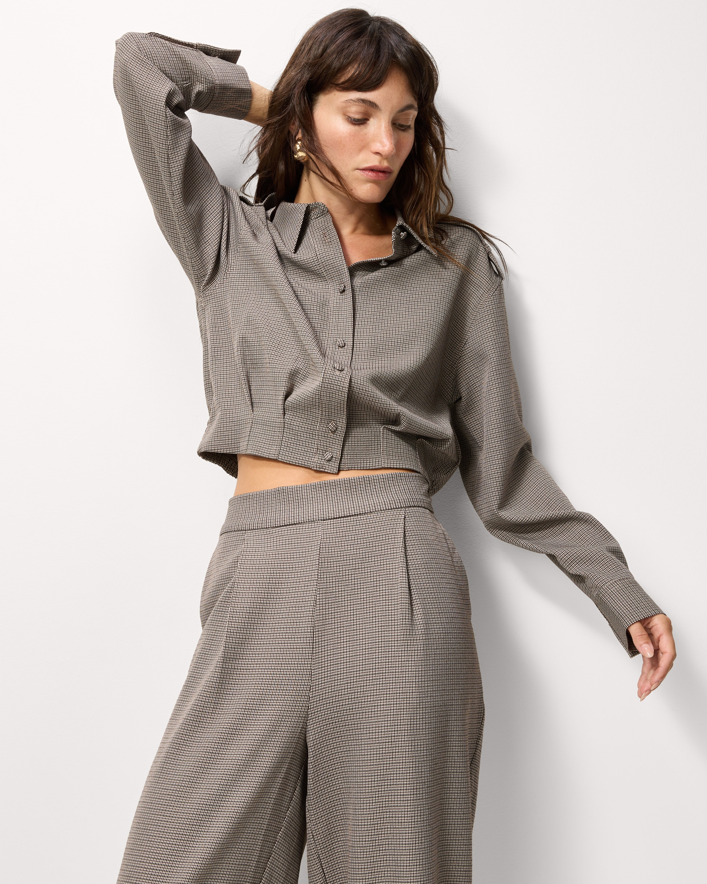 F&F Checked Cropped Shirt in Multi Brown