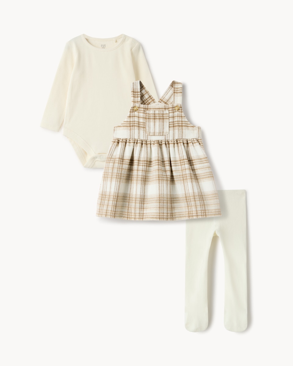 image 1 of F&F Baby Check Dress, Bodysuit and Tights Set in Tan