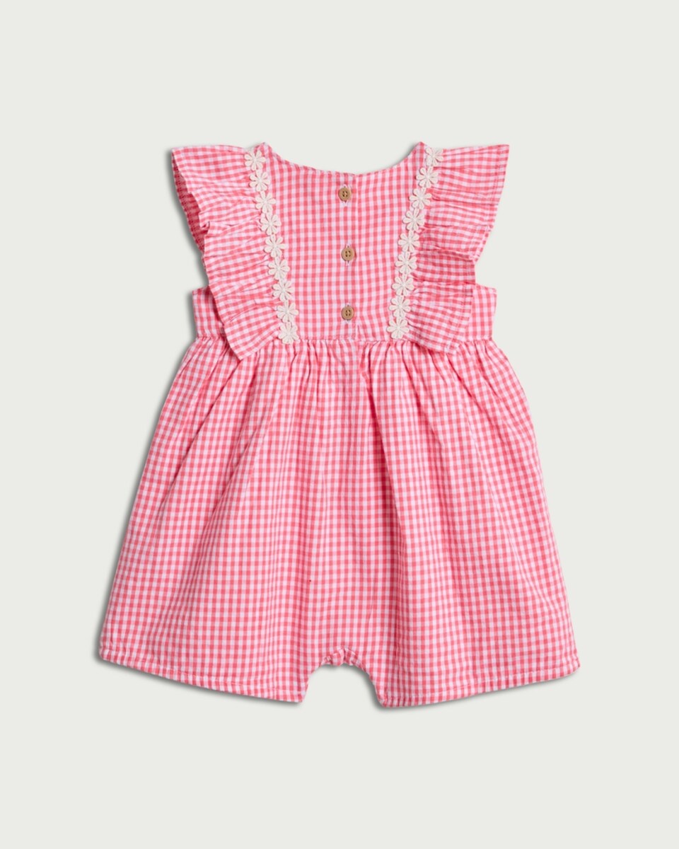 image 1 of F&F Baby Pure Cotton Gingham Floral Trim Romper in Pink